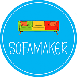 Circular light blue logo with a coloured sofa a the words sofamaker for its title